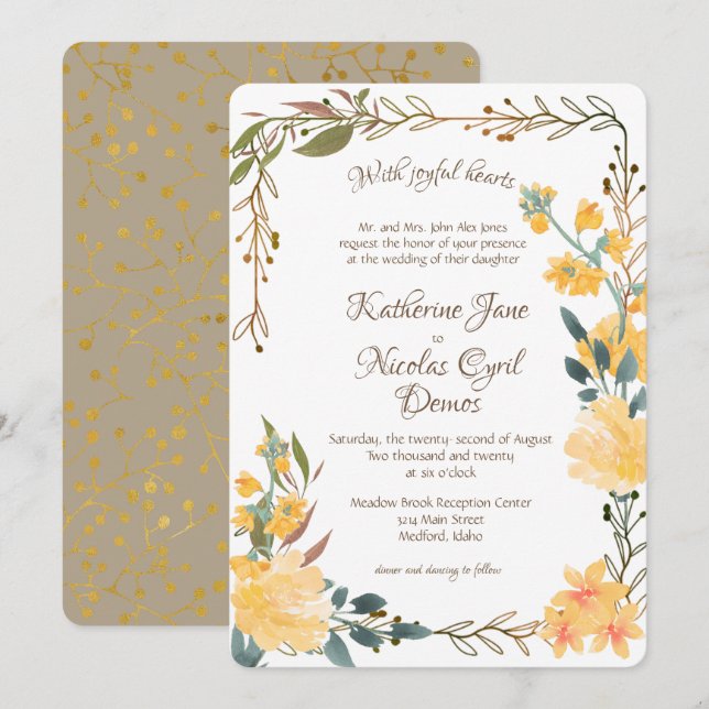 Invitación Flores doradas alegres (Anverso / Reverso)