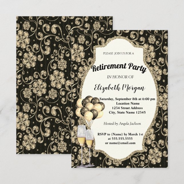 Invitación Flores doradas copa de vino, globos, fiesta de jub (Anverso / Reverso)