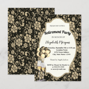 Invitación Flores doradas copa de vino, globos, fiesta de jub