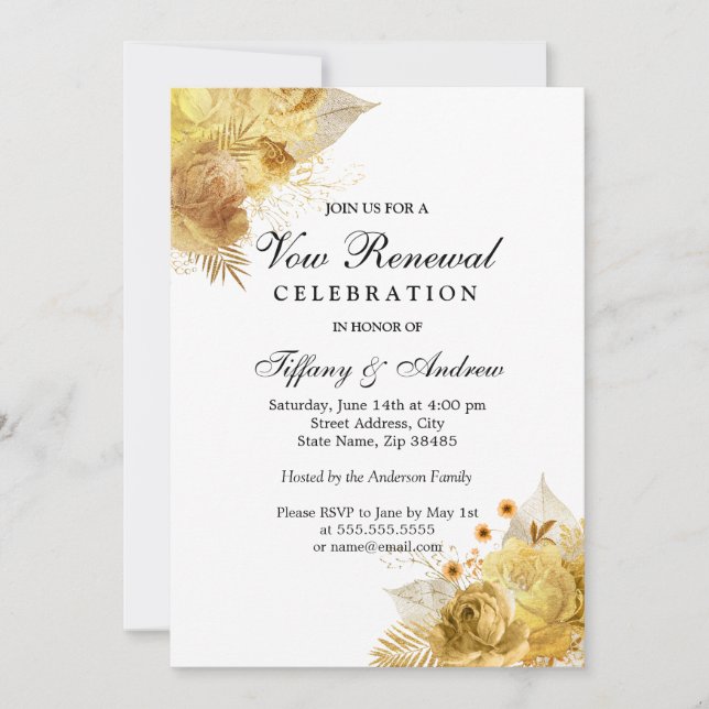 Invitación Flores doradas de centelleo prometen renovación (Anverso)