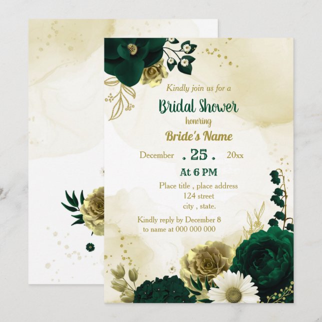 Invitación Flores doradas de marfil verde esmeralda ducha de  (Anverso / Reverso)