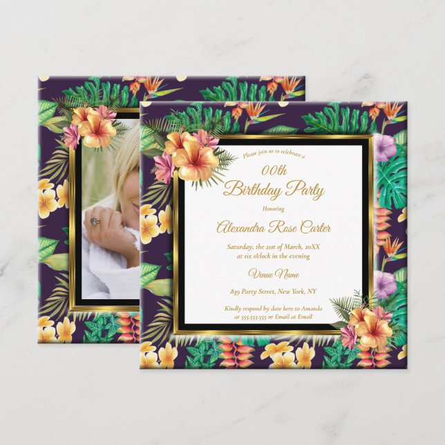 Invitación Flores Doradas de Verano Tropical Cumpleaños Fiest (Anverso / Reverso)