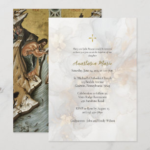 Invitación Flores Doradas Elegantes Bautismo Cristiano Ortodo