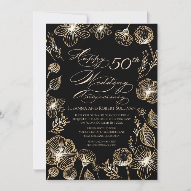 Invitación Flores doradas exóticas 50 años Boda (Anverso)
