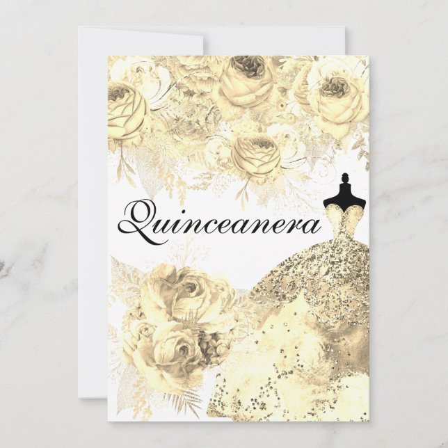 Invitación Flores doradas Fiesta elegante de la Quinceanera (Anverso)