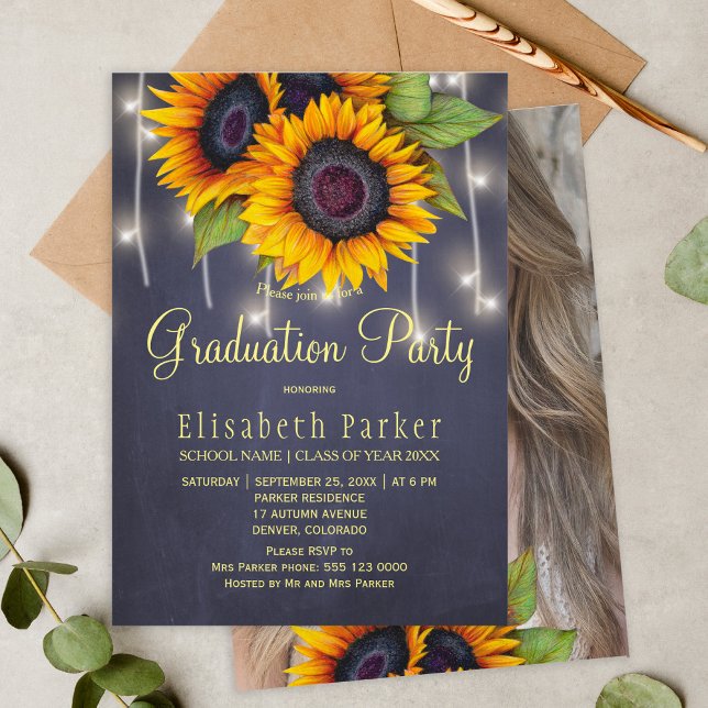 Invitación Flores doradas FOTO fiesta de graduación rústica (Subido por el creador)