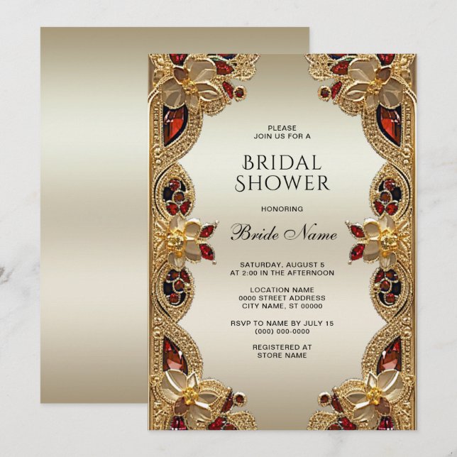 Invitación Flores doradas Gemstone Rojo Splendor Bridal Showe (Anverso / Reverso)