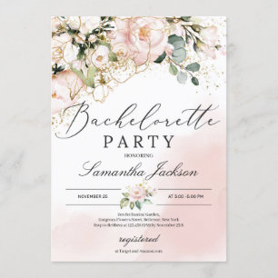 Invitación Flores doradas rosadas de arbusto boho bachelorett