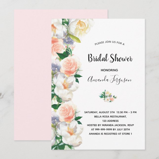 Invitación Flores doradas rosadas Rubor ducha de novia blanca (Anverso / Reverso)