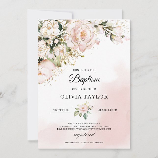 Invitación Flores doradas ruidosas rosadas florales boho baut (Anverso)