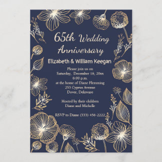 Invitación Flores doradas sobre azul 65º Aniversario de Boda