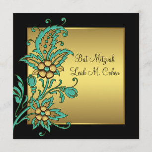 Invitación Flores doradas turquesas Bat Mitzvah negro dorado