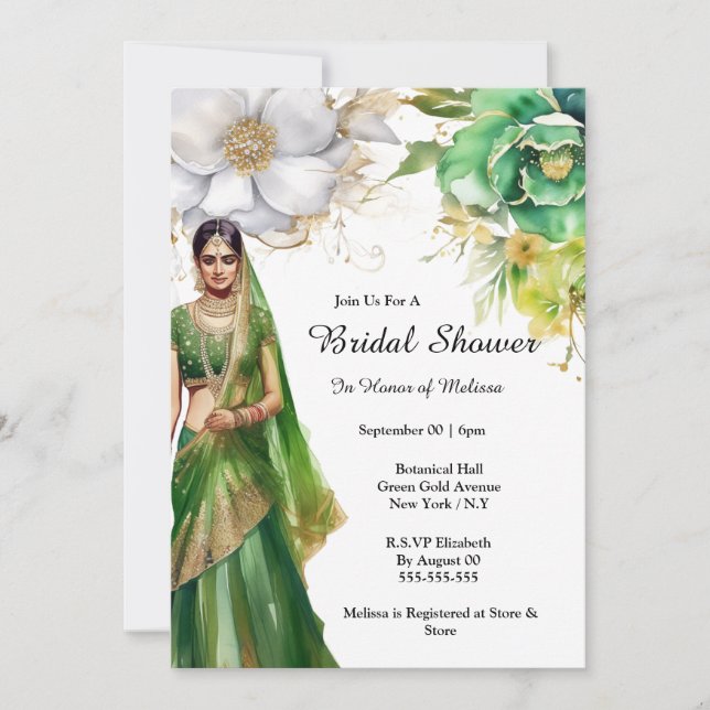 Invitación Flores doradas verdes de novia india (Anverso)
