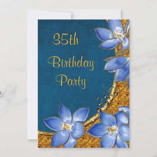 Invitación Flores doradas y azules Cumpleaños 35 (Anverso)