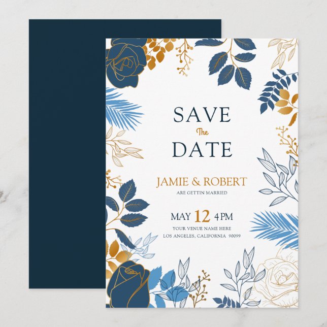 Invitación Flores doradas y azules marco boda moderno (Anverso / Reverso)