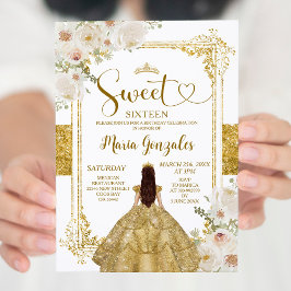 Invitación Flores doradas y blancas dulces Dieciséis cumpleañ