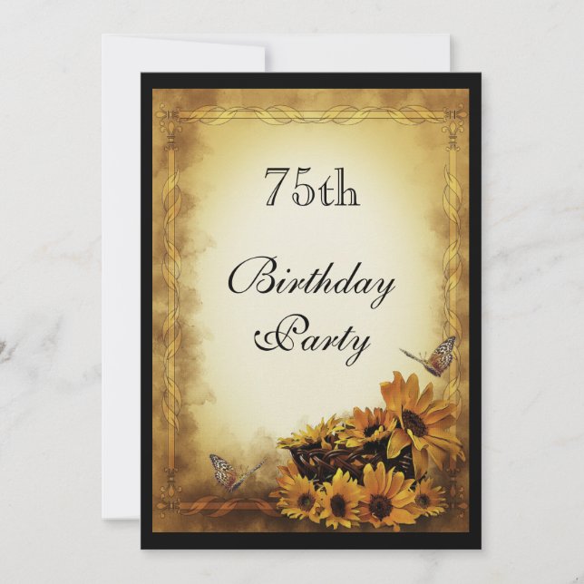 Invitación Flores doradas y mariposas 75º cumpleaños (Anverso)