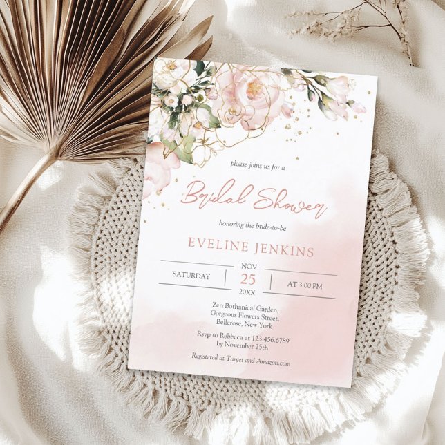 Invitación Flores doradas y rosas de moda de Boho eucalipto (Trendy Boho blush pink and gold flowers eucalyptus Invitation)