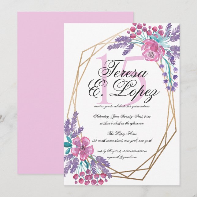 Invitación Flores Dorado Terrario Acuarela Quinceañera (Anverso / Reverso)