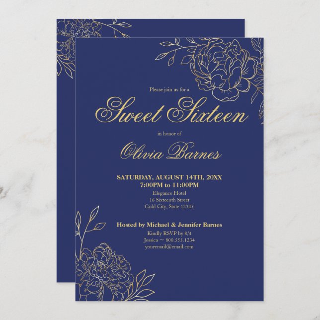 Invitación Flores dulces 16 Blue y Gold Line Art Floral (Anverso / Reverso)