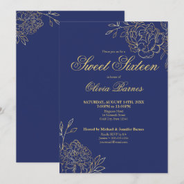 Invitación Flores dulces 16 Blue y Gold Line Art Floral