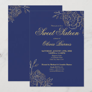 Invitación Flores dulces 16 Blue y Gold Line Art Floral