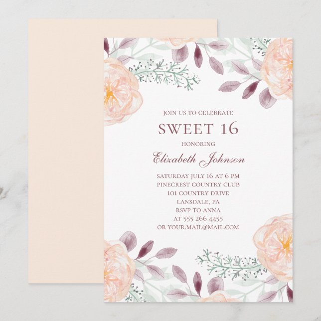 Invitación Flores dulces 16. Floral 16º cumpleaños (Anverso / Reverso)