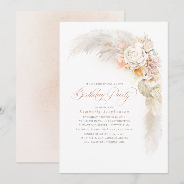 Invitación Flores dulces pasteles y pampas Boho cumpleaños (Anverso / Reverso)