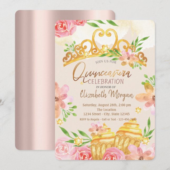 Invitación Flores, dulces, quinceañera de oro Rosa (Anverso / Reverso)