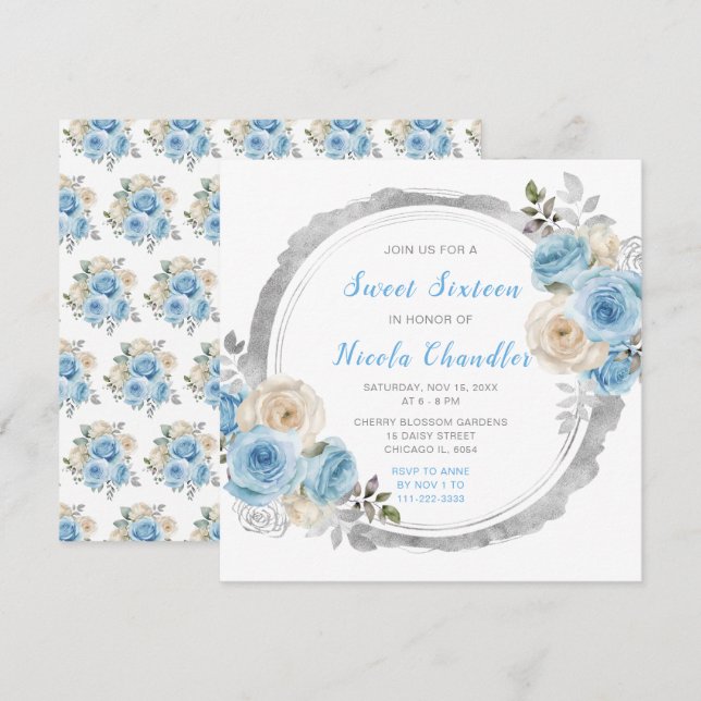 Invitación Flores Dusty Blue Silver Elegante Dulce Dieciséis (Anverso / Reverso)