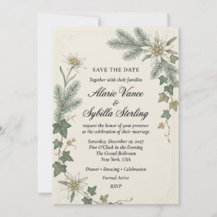 Invitación Flores Edelweiss, Agujas de Pino, Hojas de Hiedra,