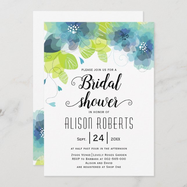 Invitación Flores eetéreas azules verde azuladas boda ducha d (Anverso / Reverso)