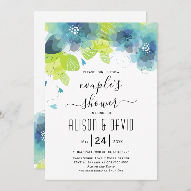 Invitación Flores eetéreas azules verde azuladas bodas duchas (Anverso / Reverso)