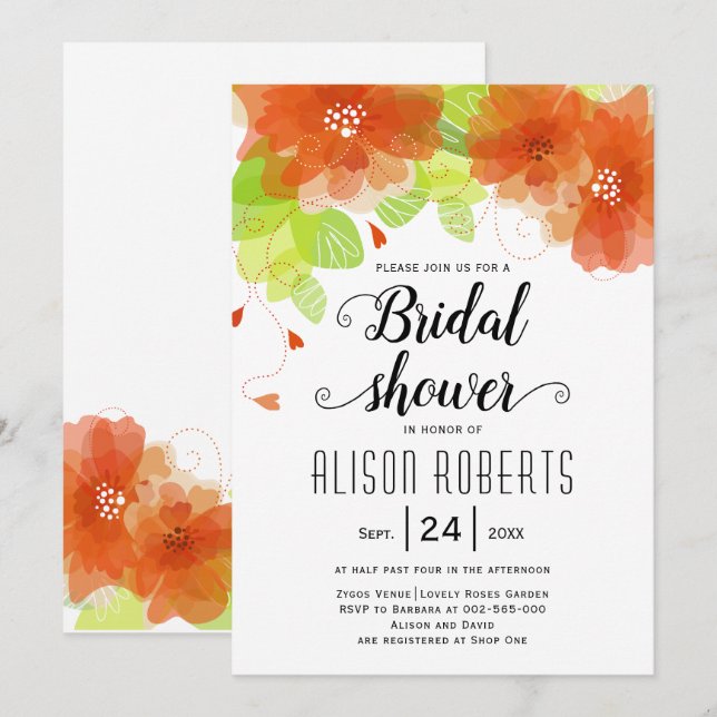 Invitación Flores eetéreas naranjas boda ducha de novia (Anverso / Reverso)
