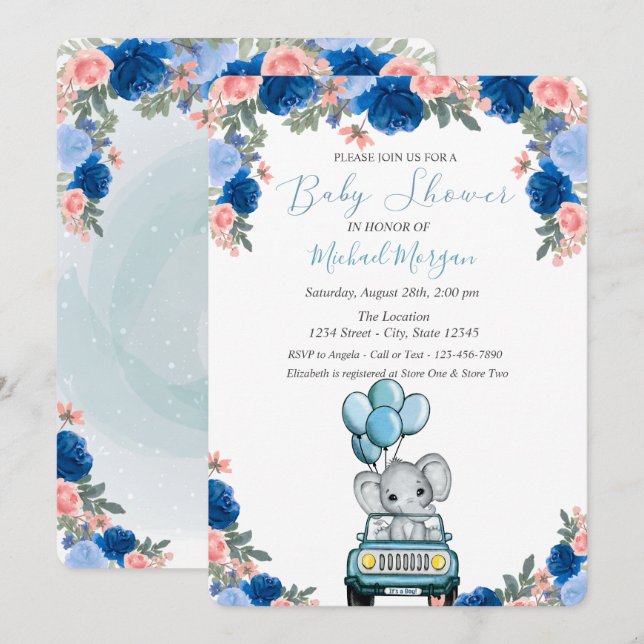 Invitación Flores, Elefante Cuida al Bebe en la Fiesta de Cum (Anverso / Reverso)