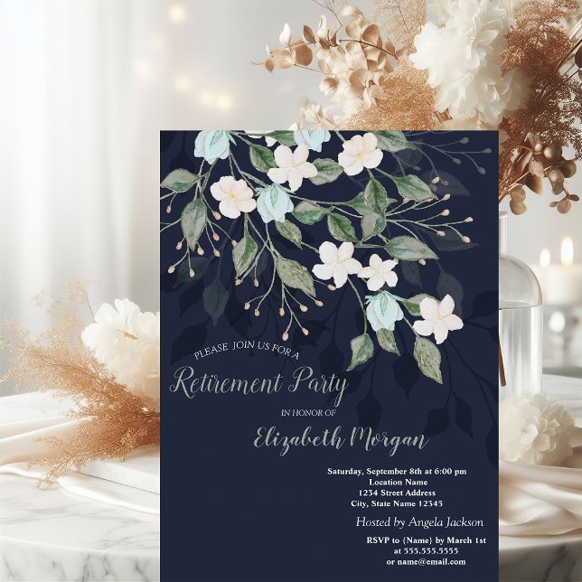Invitación Flores Elegantes Azul Marino Jubilación  (Subido por el creador)