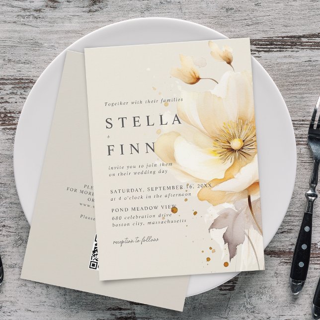 Invitación Flores Elegantes Blancas Amarillas y Doradas Códig (Elegant Flowers White Yellow Gold QR Code Wedding Invitation)