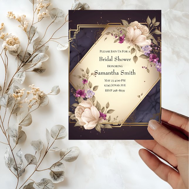 Invitación Flores elegantes blancas y moradas ducha de novia (Subido por el creador)