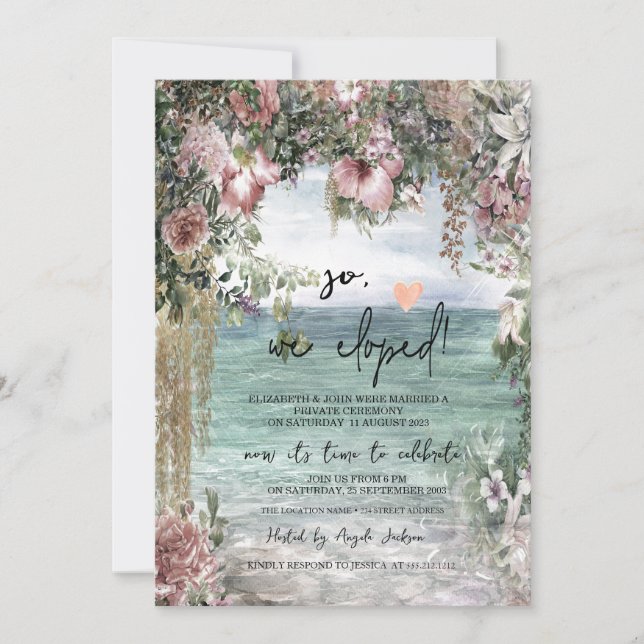 Invitación Flores Elegantes Boda en el Océano Huida  (Anverso)