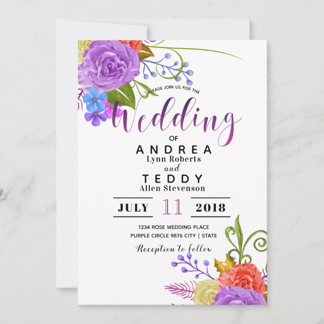 Invitación Flores elegantes| Boda morado floral (Anverso)