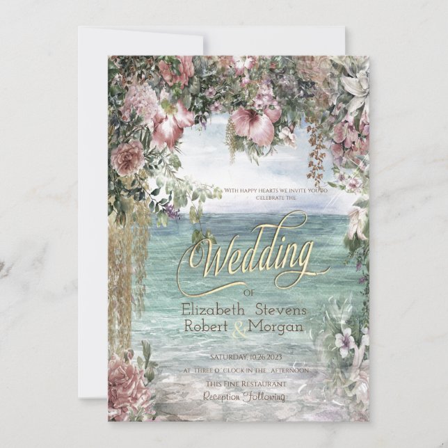 Invitación Flores Elegantes Boda Oceánica (Anverso)