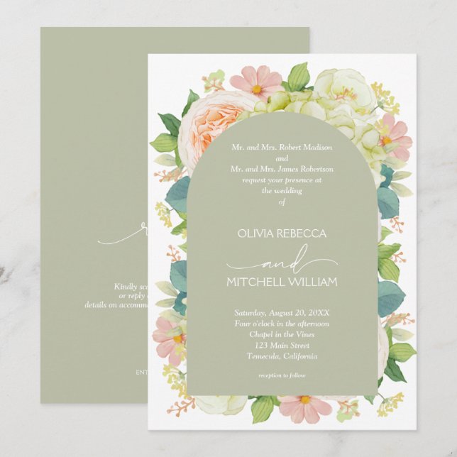 Invitación Flores Elegantes Boda Todo en Uno Verde Sage (Anverso / Reverso)