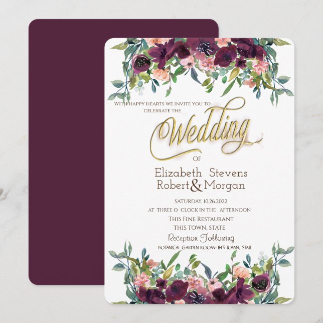 Invitación Flores Elegantes Burgundy Boda (Anverso / Reverso)