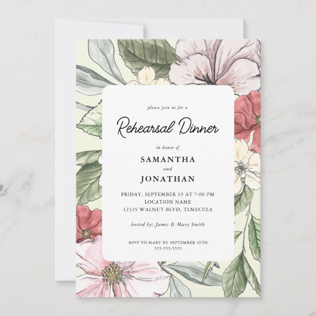 Invitación Flores Elegantes Cena de Ensayo de Boda (Anverso)