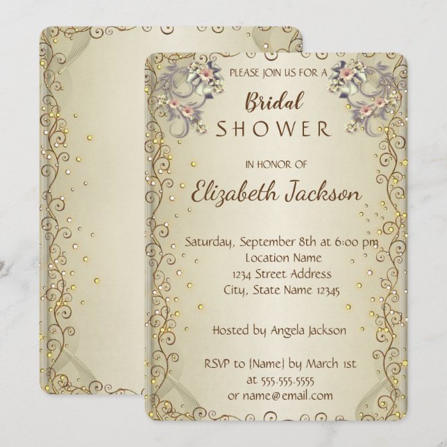 Invitación Flores Elegantes Chic Desayuno de Novia (Anverso / Reverso)