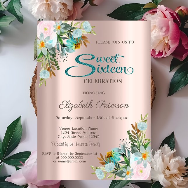 Invitación Flores elegantes Chic Rosa Dorada Cumpleaños 16  (Subido por el creador)