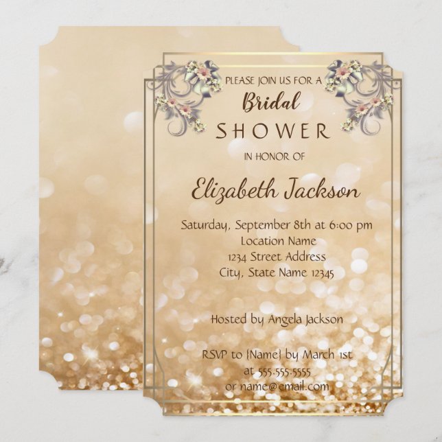 Invitación Flores Elegantes con Brillo Bokeh  Desayuno Nupcia (Anverso / Reverso)