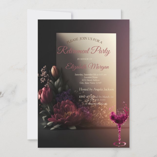 Invitación Flores Elegantes, Copa de Vino Regalo de Jubilació (Anverso)