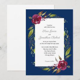 Invitación Flores Elegantes de Acuarela Boda Azul Marino