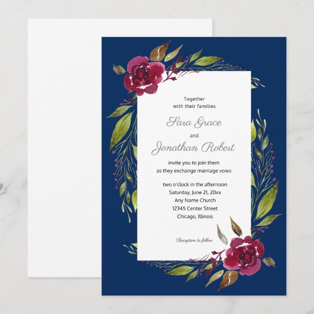 Invitación Flores Elegantes de Acuarela Boda Azul Marino (Anverso / Reverso)